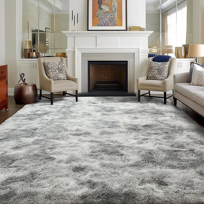 7x10 Ft Extra Large Shag Rugs for Living Room, Tie Dyed Ultra Soft Fluffy Furry Area Rugs for Bedroom Indoor Floor, Aesthetic Carpet for Kids Home Decor (Light Grey)