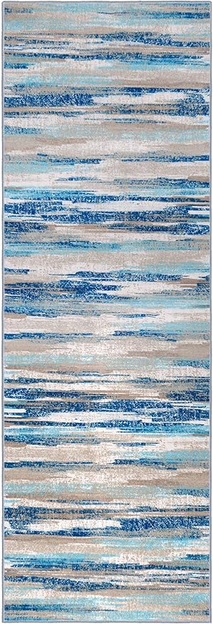 Lansny Modern Abstract Runner Rug 2.6x14, Blue Washable Long Kitchen Runner Non-Slip Soft Hallway Rug Runner Thin Print Faux Wool Carpet for Entryway Bedroom Laundry Room Indoor Home Decor