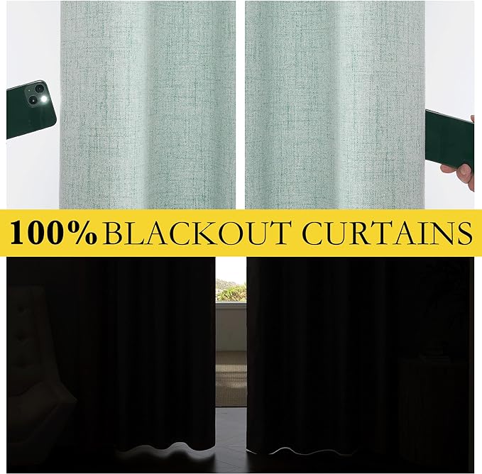 NICETOWN 100% Absolutely Blackout Linen Curtains with Thermal Insulated Liner, Seafoam Green, 42" Wide, 90" Length Energy Saving Curtains for Living Room 2 Panels Set, Vertical Blinds