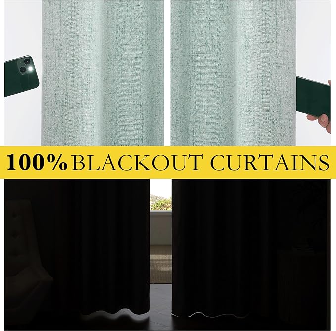 NICETOWN 100% Absolutely Blackout Linen Curtains with Thermal Insulated Grey Liner, Seafoam Green, 52 inches Wide, 63 inches Length Energy Saving Curtains for Bedroom 2 Panels Set, Vertical Blinds