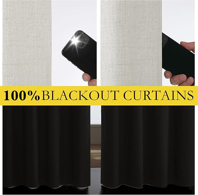NICETOWN Snowbound Vintage Linen 100% Blackout Curtains for Living Room, Thermal Insulated Curtains 90" Long, Noise Reducing Window Treatment Drapes for Home Office, 62" Wide Per Panel, Set of 2