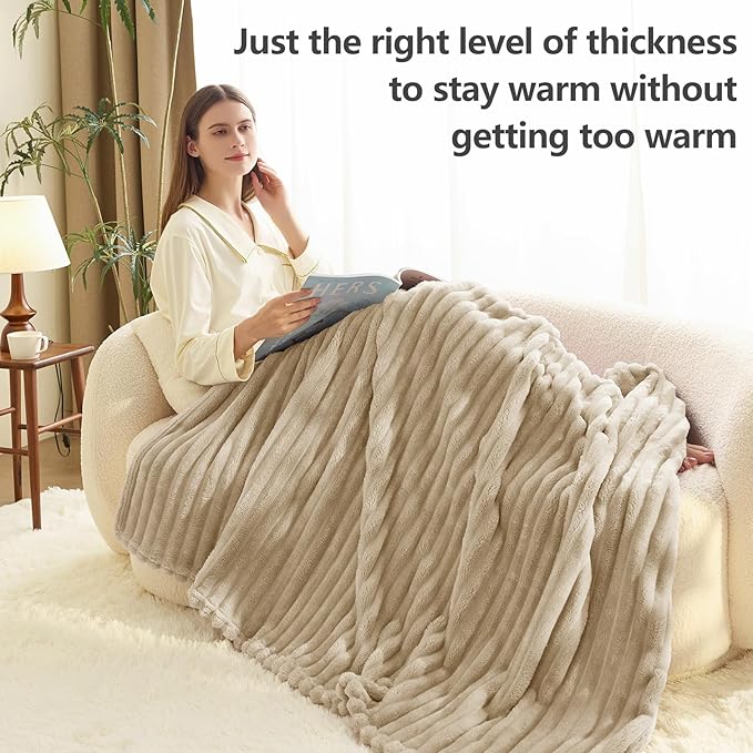 HIMEET Linen Ribbed Queen Size Blanket for Bed - 300GSM Lightweight Fleece Blanket for Men Women, Large Cozy Sofa Couch Cover Bed Blankets Gifts, Striped Spring Home Room Decor, Linen, 90x90 Inches