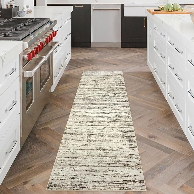 Lansny Modern Abstract Runner Rug, 2x6 Feet, Beige, Faux Wool, Machine Washable, Non-Slip, Soft, Kid & Pet Friendly