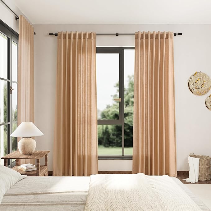 Camel Linen Curtains 90 Inch Length 2 Panels Set for Living Room Rod Pocket Back Tab Window Drapes Light Filtering Elegant Farmhouse Curtain 90 Inches Long for Dining Room Bedroom Nursery 52x90