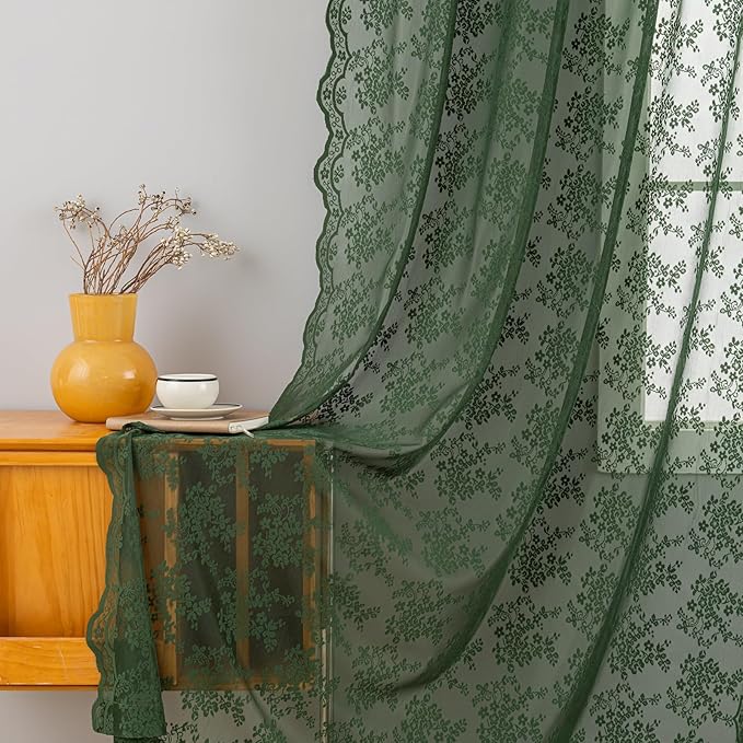YJ YANJUN Vintage Lace Curtains 96 Inches Long-Victorian Floral Green Sheer Curtain Panels for Living Room,Light Filtering, Boho Christmas Decor 8 FT, 52Wx96L, 2 Panels Dark Emerald Green