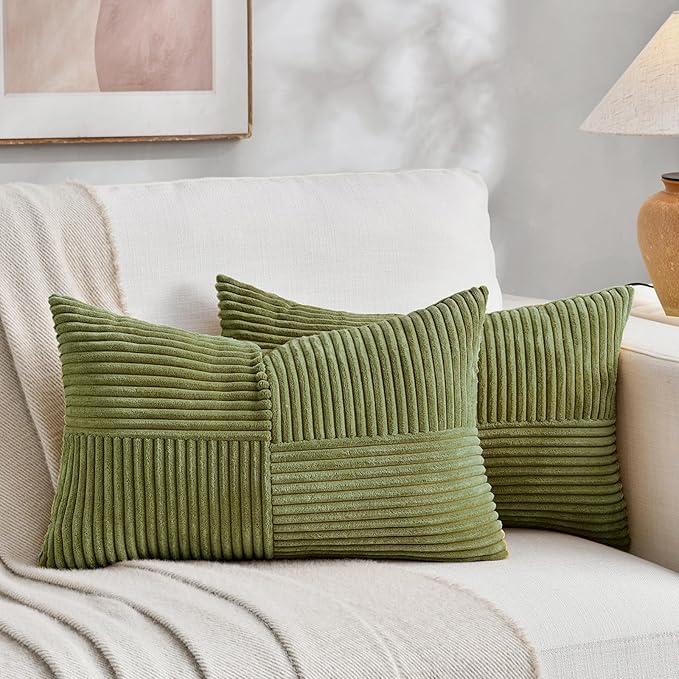 Fancy Homi 2 Packs Moss Green Lumbar Decorative Throw Pillow Covers 16x28 Inch for Living Room Couch Bed, Rustic Farmhouse Boho Home Decor, Soft Striped Corduroy Rectangle Accent Cushion Case 40x70 cm