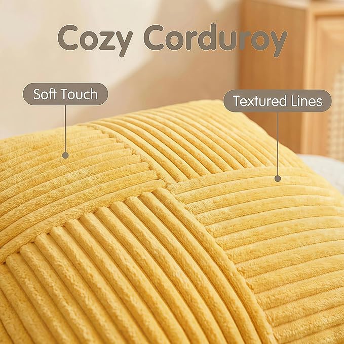 Fancy Homi 2 Packs Yellow Decorative Throw Pillow Covers 22x22 Inch for Living Room Couch Bed Sofa, Rustic Farmhouse Boho Home Decor, Soft Corss Corduroy Patchwork Accent Square Cushion Case 55x55 cm