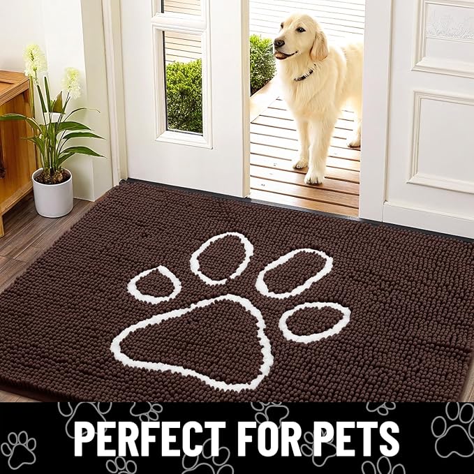 Smiry Dog Door Mat for Muddy Paws, Absorbent Dirt Trapper Non Slip Quick Dry Washable Chenille Mat for Mud Dogs, Entry Rug for Indoor and Outdoor (70x35 Inches, Brown and White)