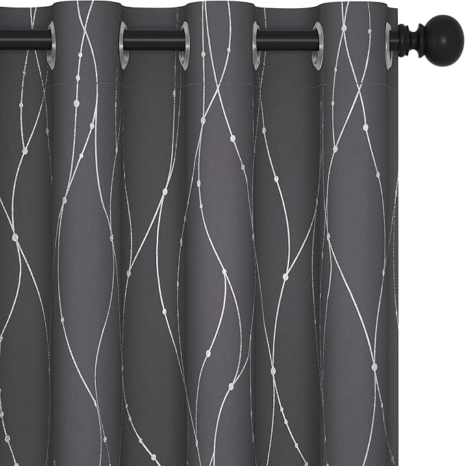 Deconovo Short Curtains Grey, Blackout Kitchen Curtain, Thermal Insulated Soundproof Drapes, Wave Dots Foil Print, 52 x 54 Inches, 2 Panels, Machine‑Washable Privacy Window Panel for Small Windows