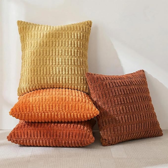 Fancy Homi Set of 4 Burnt Orange Fall Boho Decorative Throw Pillow Covers 28x28 Inch for Couch Bed Sofa, Aesthetic Modern Bohemian Room Decor, Fuzzy Fluffy Cozy Corduroy Textured Cushion Case 71x71cm