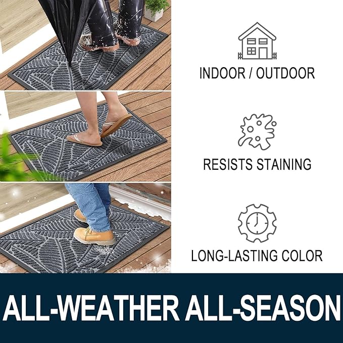 Colorxy Waterproof Doormat, Sturdy Natural Rubber Front Indoor Mat, Non Slip Low Profile Indoor Outdoor Door Mats, Stain and Fade Resistant Floor Mat, Easy Clean Patio Entrance Mat, 59''x20'', Grey