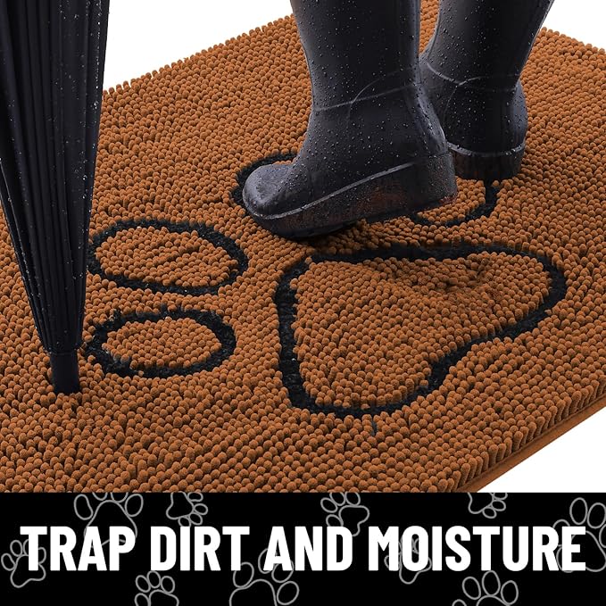 Smiry Dog Door Mat for Muddy Paws, Absorbent Dirt Trapper Non Slip Quick Dry Washable Chenille Mat for Mud Dogs, Entry Rug for Indoor and Outdoor (48x30 Inches, Ochre and Black)