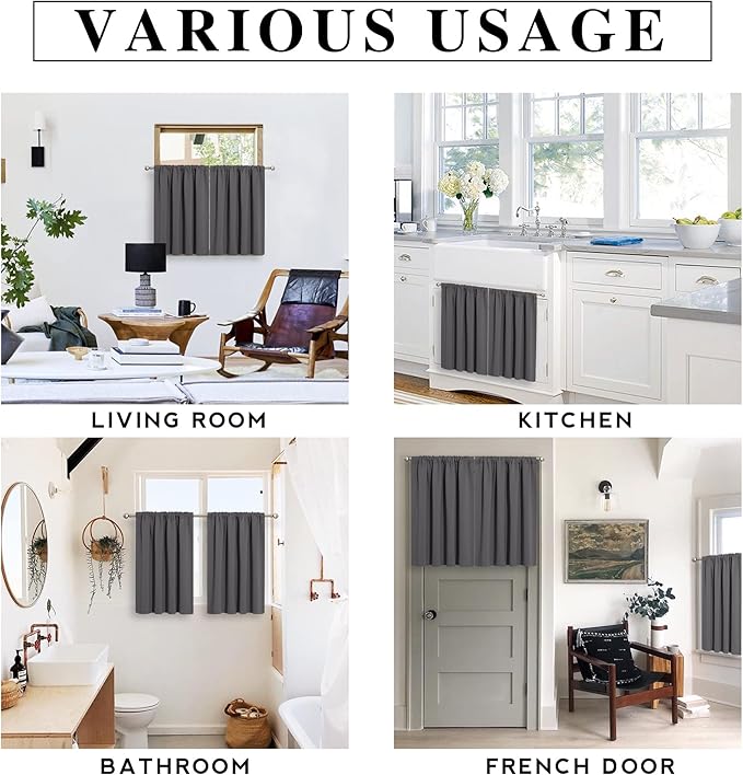 RYB HOME Short Blackout Curtains for Bedroom, Room Darkening Insulated Summer Heat Light UV Blocking Energy Saving Drapes for Nursery, Width 34 by Length 48, Grey, Set of 2