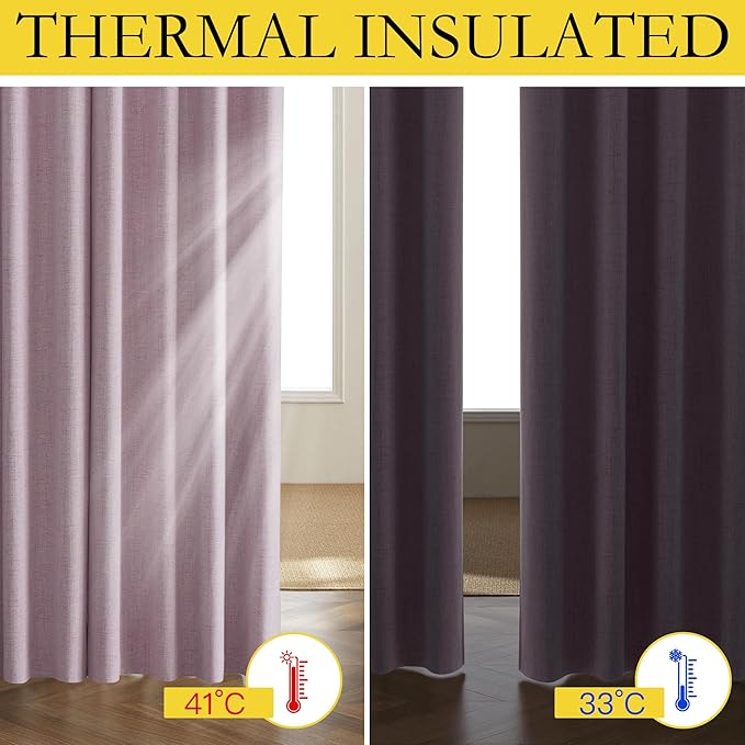 NICETOWN Pink Vintage Linen 100% Blackout Curtains for Living Room, Thermal Insulated Curtains 84" Long, Noise Reducing Window Treatment Drapes for Dining Room, 62" Wide Per Panel, Set of 2