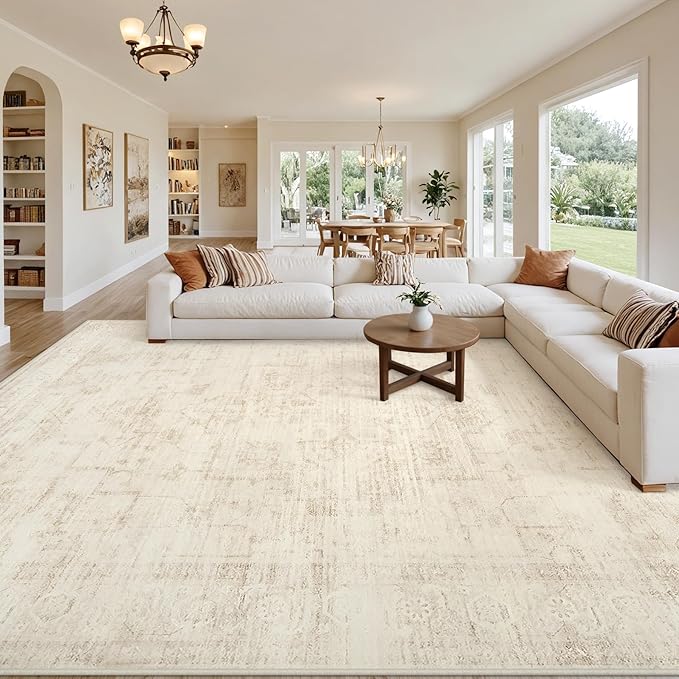 8x10 Area Rugs for Living Room: Vintage Boho Neutral Washable Rug Indoor Soft Large Area Rug Carpet for Bedroom Nursery Farmhouse Dining Room Office Floor Non-Slip Low Pile Under Table Rug Dark Beige