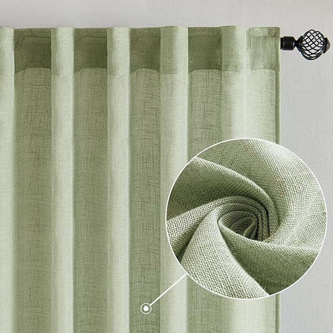 MIULEE Sage Green Linen Curtains 100 Inch Length 2 Panels for Bedroom Living Room, Soft Thick Linen Textured Window Drapes Semi Sheer Light Filtering Back Tab Rod Pocket Burlap Look Decor