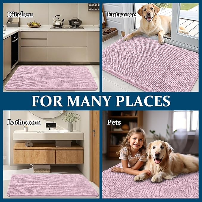 OLANLY Dog Door Mat for Muddy Paws 34x21, Absorbs Moisture and Dirt, Absorbent Non-Slip Washable Doormat, Quick Dry Chenille Mud Mat for Dogs, Entry Indoor Entryway Carpet for Inside Floor, Dusty Rose