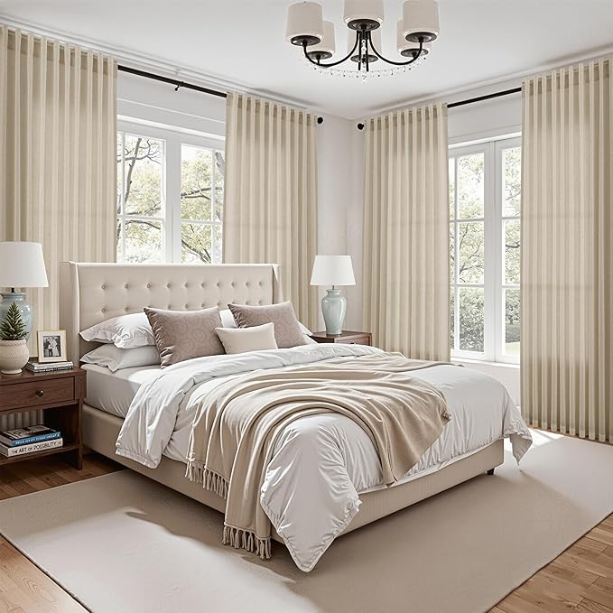 Eggshell Beige Linen 112 Inch Curtains for Living Room Light Filtering Semi Sheer Curtain Back Tab Rustic Farmhouse Decor Burlap Elegant Drapes Floor to Ceiling High Window for Bedroom 52x112,2 Panels