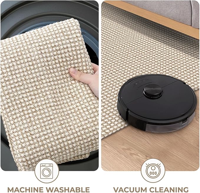 KOZYFLY Washable Area Rug 5x7 ft Rubber Backed Non Slip Rugs for Living Room Braided Cotton Bedroom Rug Woven Office Rugs Indoor Outdoor Floor Carpets for Dining Bedroom Living Room, Ivory/Khaki