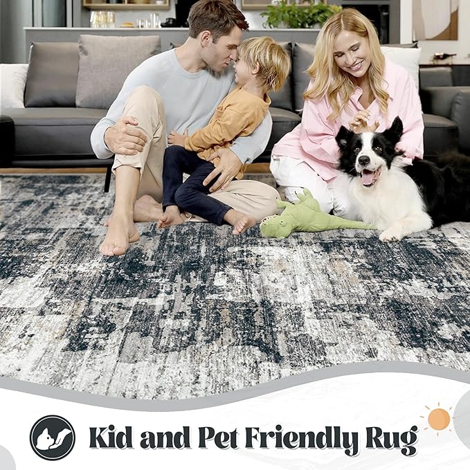 XLUEZ 5x7 Area Rugs for Living Room, Washable Modern Abstract Large Area Rug Neutral Soft Non Slip Kids Rug Stain Resistant Indoor Carpet for Bedroom Nursery Dining Room Playroom(BlackGrey, 5'x7')
