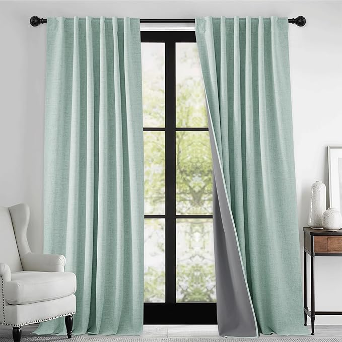 RYB HOME 100% Blackout Linen Textured Curtains 90 inches Long, Thermal Insulating Privacy Energy Saving for Bedroom Living Room Window Office Theater Baby Nursery, W 52 x L 90 in, Aqua, 2 Panels