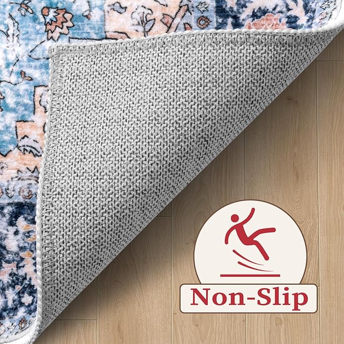SERISSA Area Rug 3x5 Boho Rugs for Bedroom, Washable Kitchen Rugs Non-Slip, Ultra Soft Print Distressed Tribal Entry Rug Low-Pile Throw Rug Blue Orange Carpet for Bedroom Nursery Living Room Decor