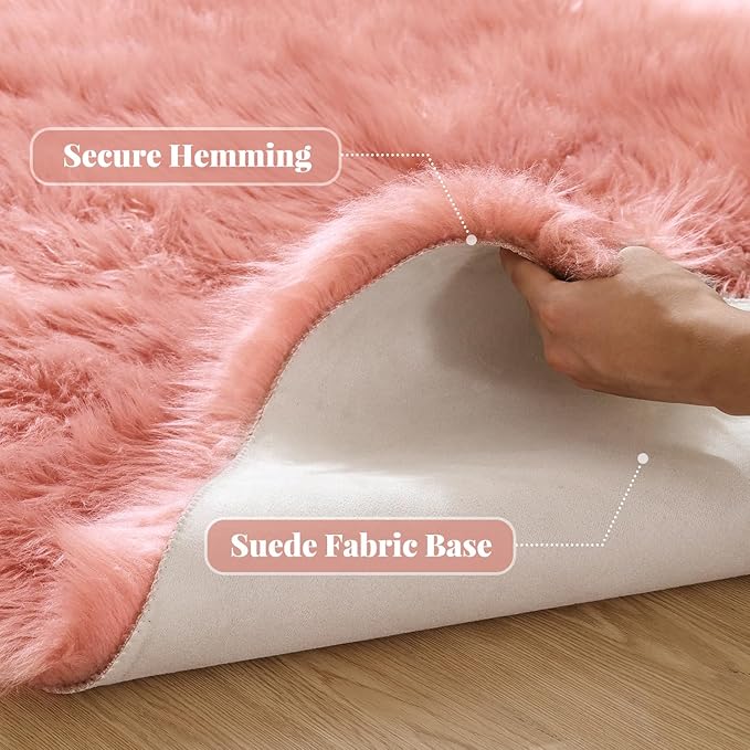 ORINOVA Pink Washable Fluffy Circle Rugs for Bedroom Small Faux Sheepskin Shag Fur Round Rugs 4ft Nursery Rug Cute Room