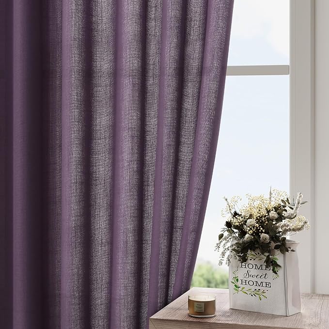 Plum Linen Curtains 102 Inches Long Rod Pocket Back Tab Drapes 2 Panels Set for Living Room Sheer Light Filtering Semi Sheer Plum Curtain 102 Length for Patio Sliding Glass Door 52x102