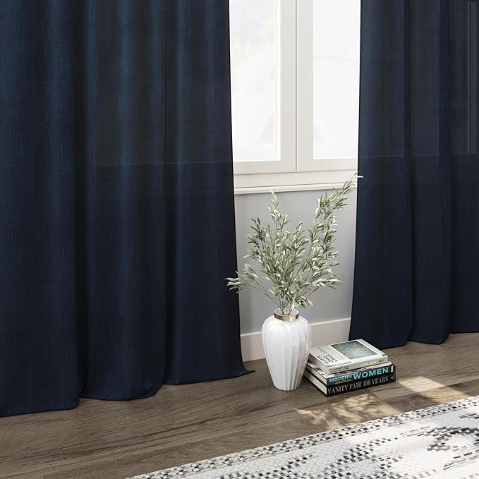 Nanspring Navy Blue Linen Curtains for Living Room 2 Panels Set Extra Long Back Tab Light Filtering Semi Sheer Curtain Drapes for Bedroom Neutral Farmhouse Ceiling to Floor for Large Window 52x100