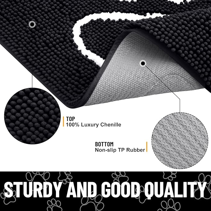 Smiry Dog Door Mat for Muddy Paws, Absorbent Dirt Trapper Non Slip Quick Dry Washable Chenille Mat for Mud Dogs, Entry Rug for Indoor and Outdoor (59x24 Inches, Black and White)