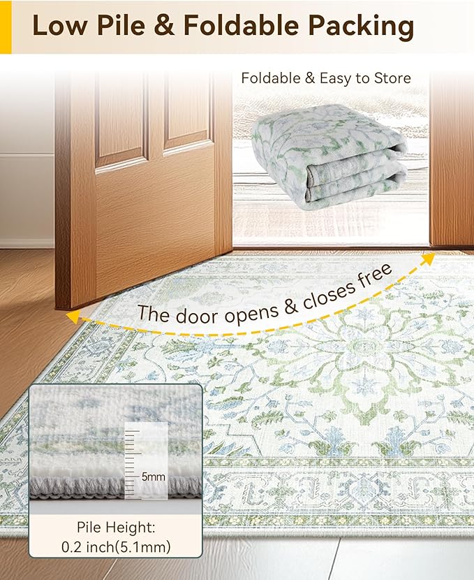 Area Rugs Round 8ft Washable Non-Slip, Floral Vintage Distress Print Pattern Medallion Carpet for Living Room Bedroom Dining Room, Green White Blue