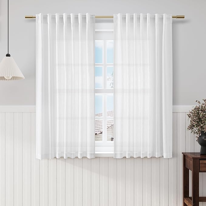 Nanspring White Linen Back Tab Rod Pocket Curtains for Living Room 56 Inch Length 2 Panels Set Semi Sheer Light Filtering Privacy Drapes Neutral Modern Farmhouse Window Curtain for Bedroom 52x56