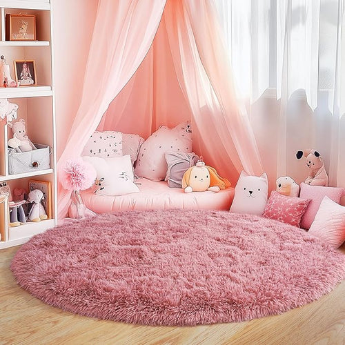 5'x5' Blush Round Rugs for Girls Bedroom, Ultra Soft Fluffy Circle Rug for Kids Room, Cute Shag Rugs for Living Room Playroom Tent Castle Home Decor Rug