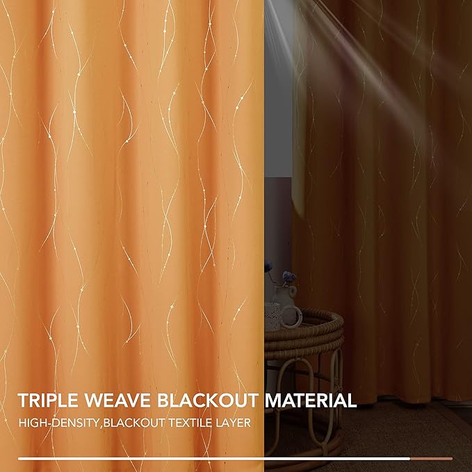 Deconovo Blackout Small Curtains for Living Room, 45 Inch Length, Pack of 2 - Thermal Insulated Curtains, Wave Line with Dots Pattern (W52 X L45 Inch, Orange Flame, Set of 2)