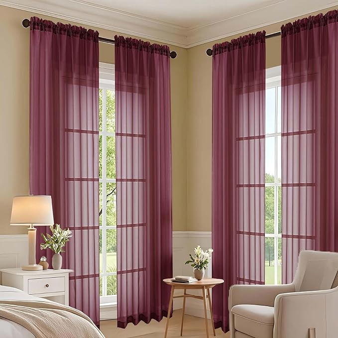OVZME Burgundy Sheer Curtains 108 Inches Long 2 Panels Set, 59 Inch Extra Wide Lightweight Airy Burgundy Sheer Curtain for Living Room Bedroom, Filmy Voile Rod Pocket, 59Wx108L Inches