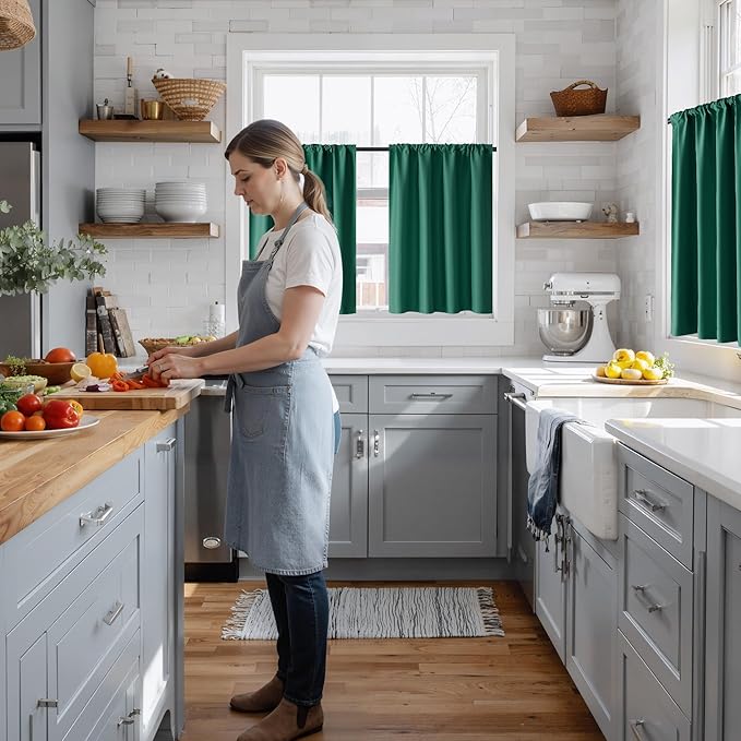 RYB HOME 100% Blackout Basement Curtains 24 inches Long, Heat & UV Blocking Total Room Darkening Noise Reducing Curtains for Bathroom RV Campers, Dark Green, 2 Panels Set