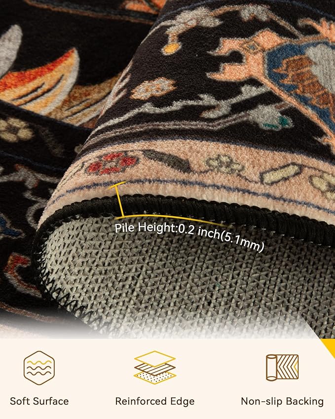 Area Rugs 6ft Washable Non-Slip, Floral Vintage Distress Print Pattern Medallion Carpet for Living Room Bedroom Dining Room, Black Colorful Floral Dark Tan