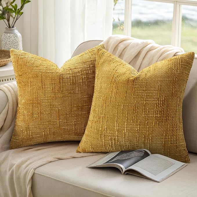 decorUhome Summer Mustard Yellow Chenille Euro Sham Throw Pillow Covers 22x22 Set of 2 Textured Cozy Slubby Couch Pillow Covers Modern Farmhouse Boho Decorative Pillow Cases for Bed Sofa Living Room