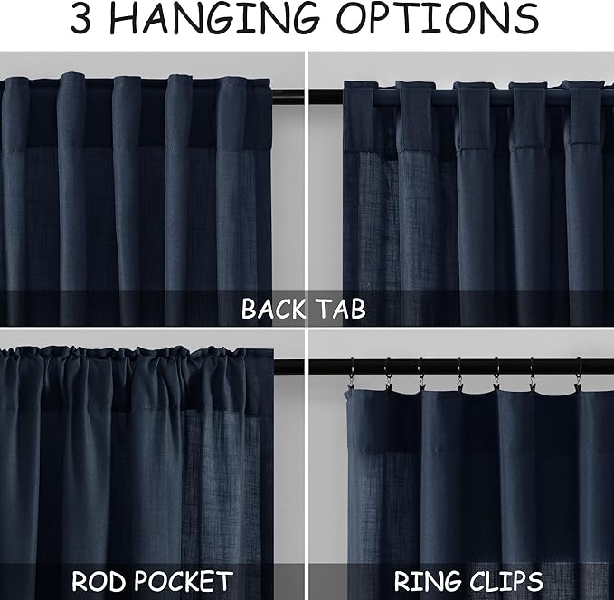 Nanspring Navy Blue Curtains 80 Inches Length for Living Room Back Tab Rod Pocket Semi Sheer Linen Drapes Muted Neutral Boho Indigo Blue Linen Textured Window Curtain for Dining Room 52X80 Inch