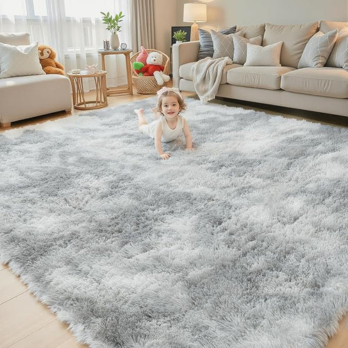 Area Rugs 10x14 Living Room, Shaggy Carpet Soft Plush Furry Bedside Rug Large Area Rugs for Bedroom Kids Girls Boys Home Decor Anti Slip(10 x 14, Light Grey Tie-Dyed)