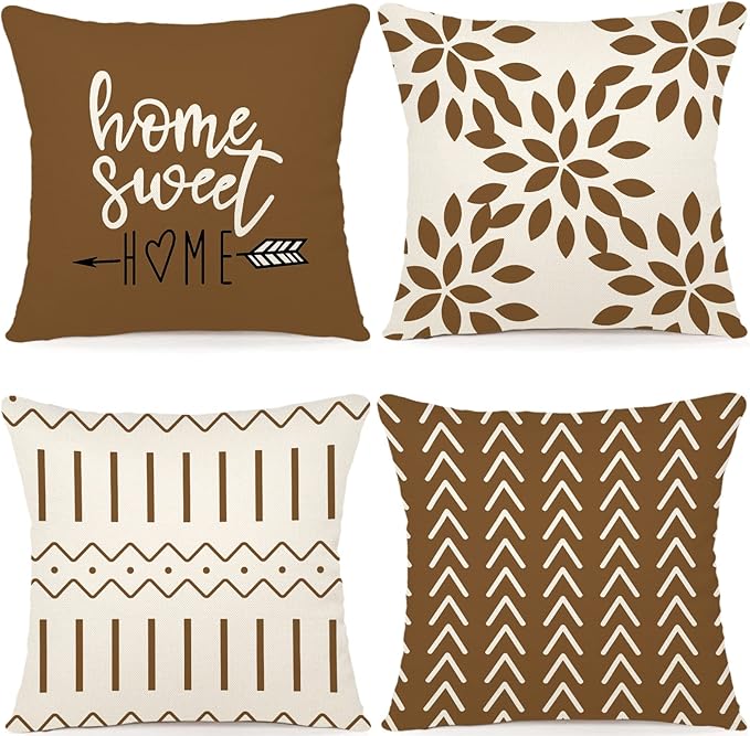YCOLL Pillow Covers 20x20 Set of 4, Modern Sofa Throw Pillow Cover, Decorative Outdoor Linen Fabric Pillow Case for Couch Bed Car， Light Brown