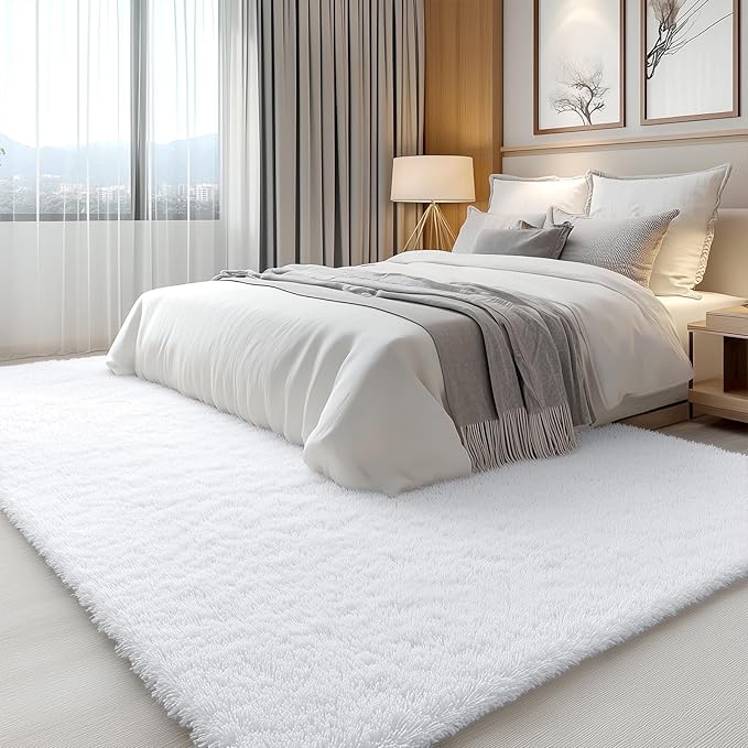 OLANLY 7x10 Machine Washable Large Area Rugs for Living Room, Bedroom, Soft Fluffy Shaggy Bedside Rug, Indoor Floor Carpet for Kids Girls and Boys, Dorms, Nursery, Home Decor Aesthetic, White