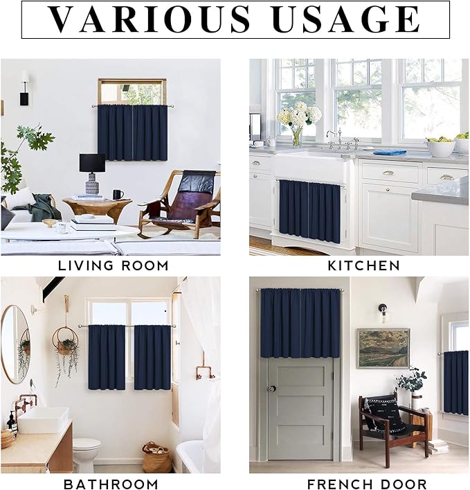 RYB HOME Blackout Privacy Bathroom Window Curtains, Short Thermal Insulated Heat Blocking Privacy Rod Pocket Half Window Curtain Tiers for Nursery Bedroom, Width 42 by Length 30, Navy Blue, 2 Panels