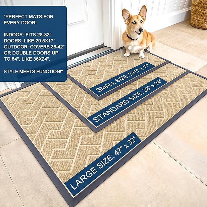 OLANLY Front Door Mat Indoor Outdoor Entrance, Waterproof All-Season, All-Weather Doormat, Sturdy Natural Rubber, Low Profile, Easy Clean Patio Porch Entryway Mat, Herringbone Brick (Beige, 36x24)
