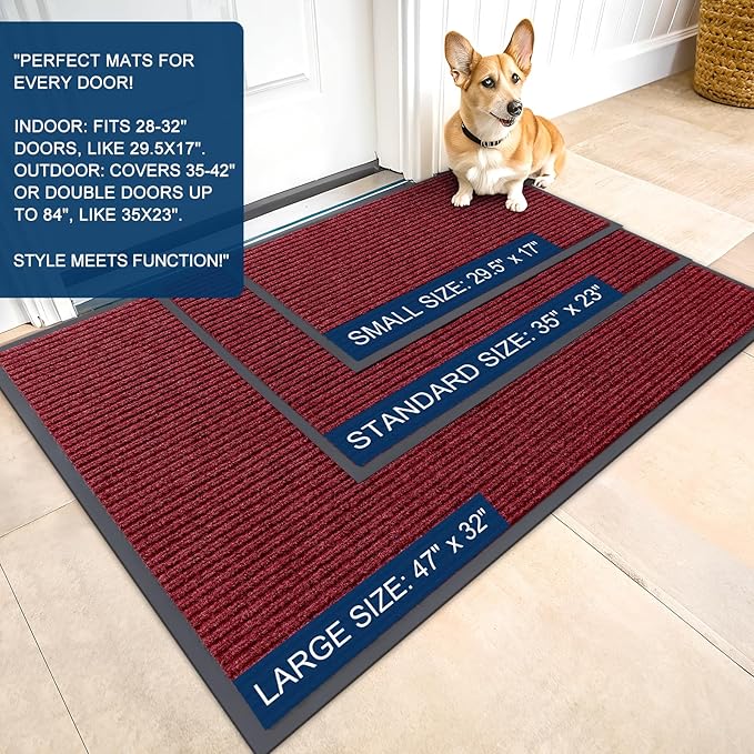 OLANLY Front Door Mat Indoor Outdoor Entrance, 2-Pack 29.5 x 17 Inch, Waterproof Heavy Duty Doormat, Fade Resistant, Low Profile, Easy Clean Patio Porch Welcome Floor Mats for Entry, Wine Red