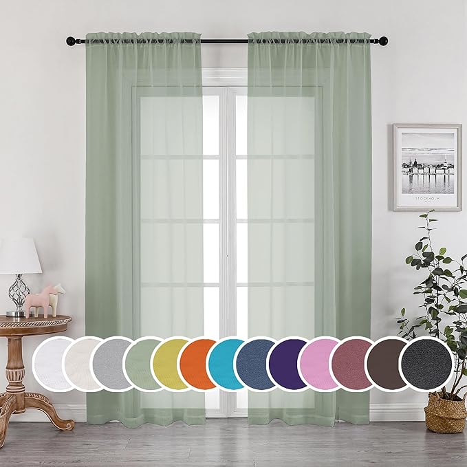 OWENIE Sheer Curtains, Sage Green Sheer Curtains 84 inch Length 2 Panels Set, Rod Pocket Voile Fimly Sheer Drapes for Living Room/Bedroom, 2pcs, Each 42" W x 84" L