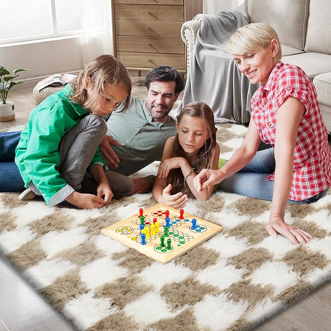 Large Shag Area Rug for Bedroom, 9x12 Ft Beige and White Area Rug Classic Checkered Shaggy Anti-Skid High Pile Soft Fluffy Rug Fuzzy Carpet for Living Room Bedroom Kids Room Nursery, Dorm Home Decor