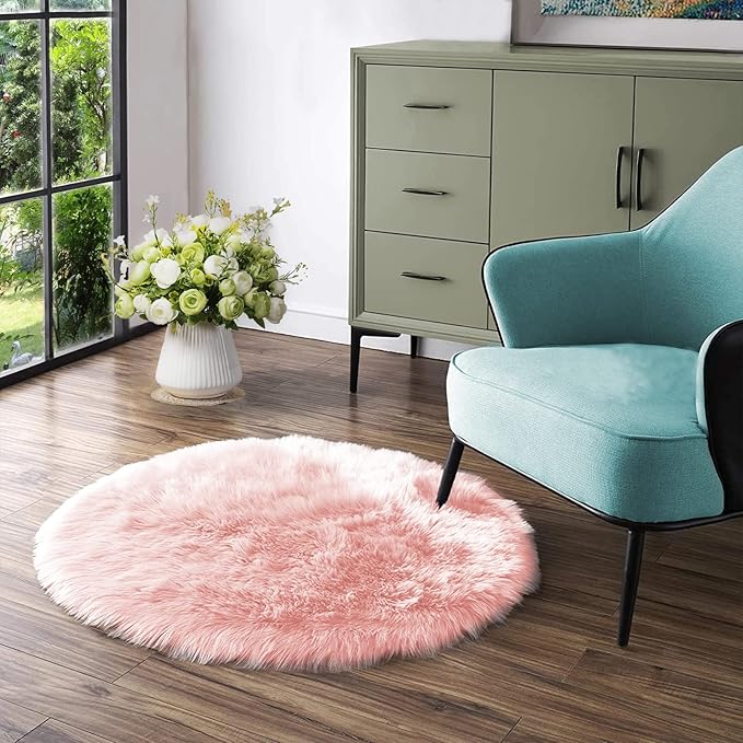 Latepis Pink Faux Sheepskin Round Rugs 6.7ft Cute Furry Rug for Bedroom Girls Large Circle Rug for Living Room Entertainment Room Fluffy Rugs Luxury Home Decor