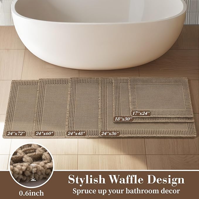 RESARE Waffle Bath Mat, Super Absorbent Non Slip, Machine Washable, Ultra Soft Boho Bath Rugs with Tassels, Upgraded Bordered Design, 17"x24" Brown
