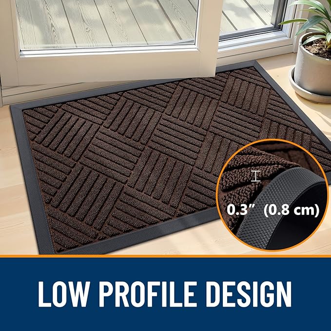 OLANLY Front Door Mat Outside Entrance 29.5x17, Absorbent, Heavy Duty Sturdy Natural Rubber Doormat Indoor Outdoor, Stain and Fade Resistant, Non-Slip Low Profile Floor Mat for Entryway, Brown Diamond